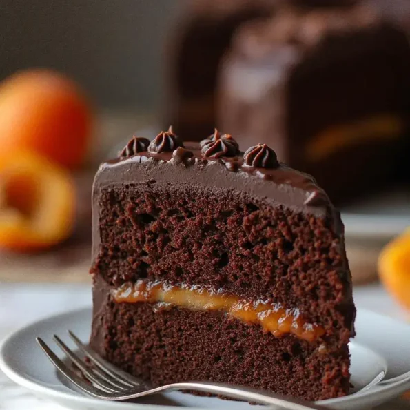 Parče čokoladne torte sa filom od kajsije, posluženo na belom tanjiru sa viljuškom, uz zamućenu pozadinu sa svežim kajsijama.